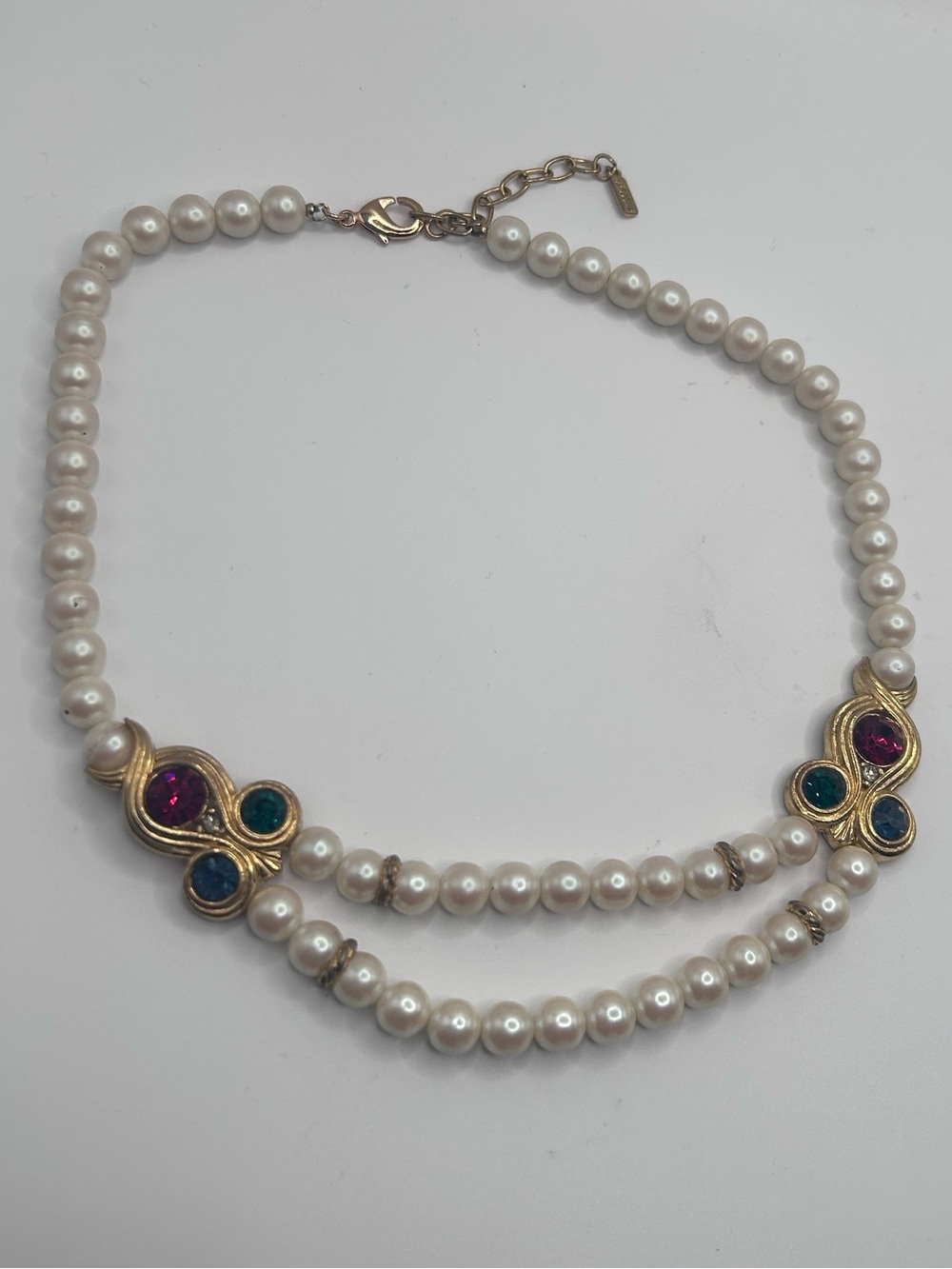 Vintage 1960s Vendome Faux Pearl Necklace Double Strand Rhinestone signed